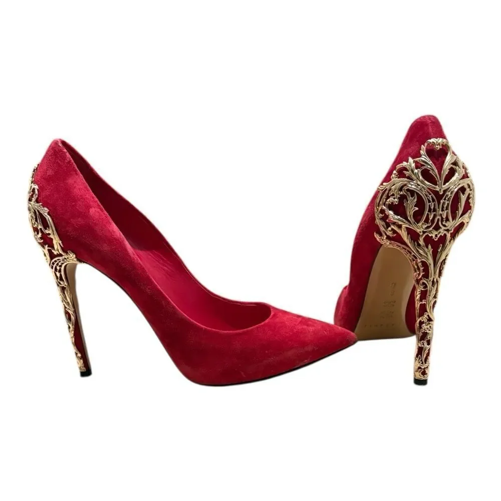 Casadei Red Suede Heels with Gold Detail